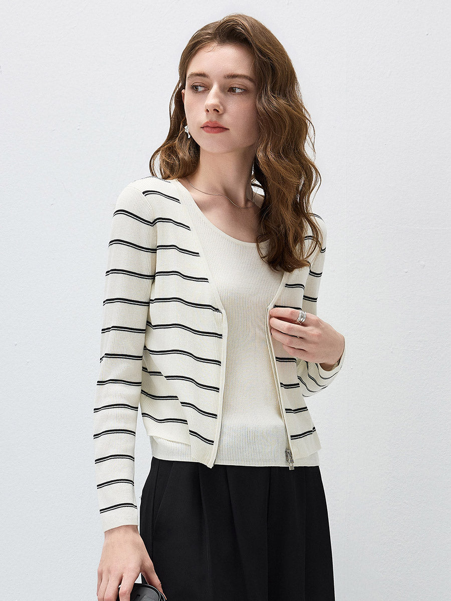 COMOBOCA Women's Striped Ribbed Knit Faux 2-in-1 Zip Cardigan