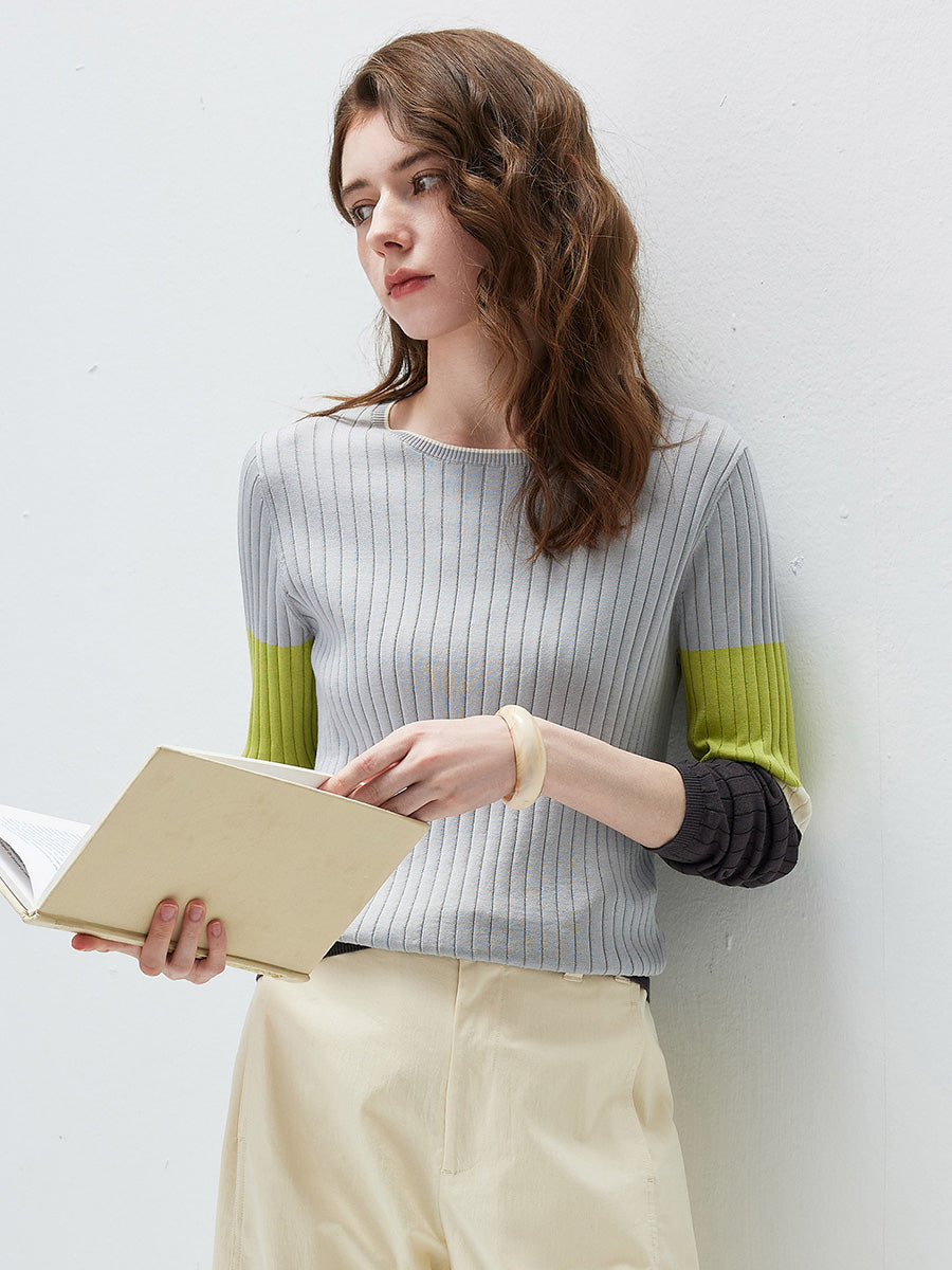 COMOBOCA Women's Ribbed Color Block Round Neck Knit Sweater