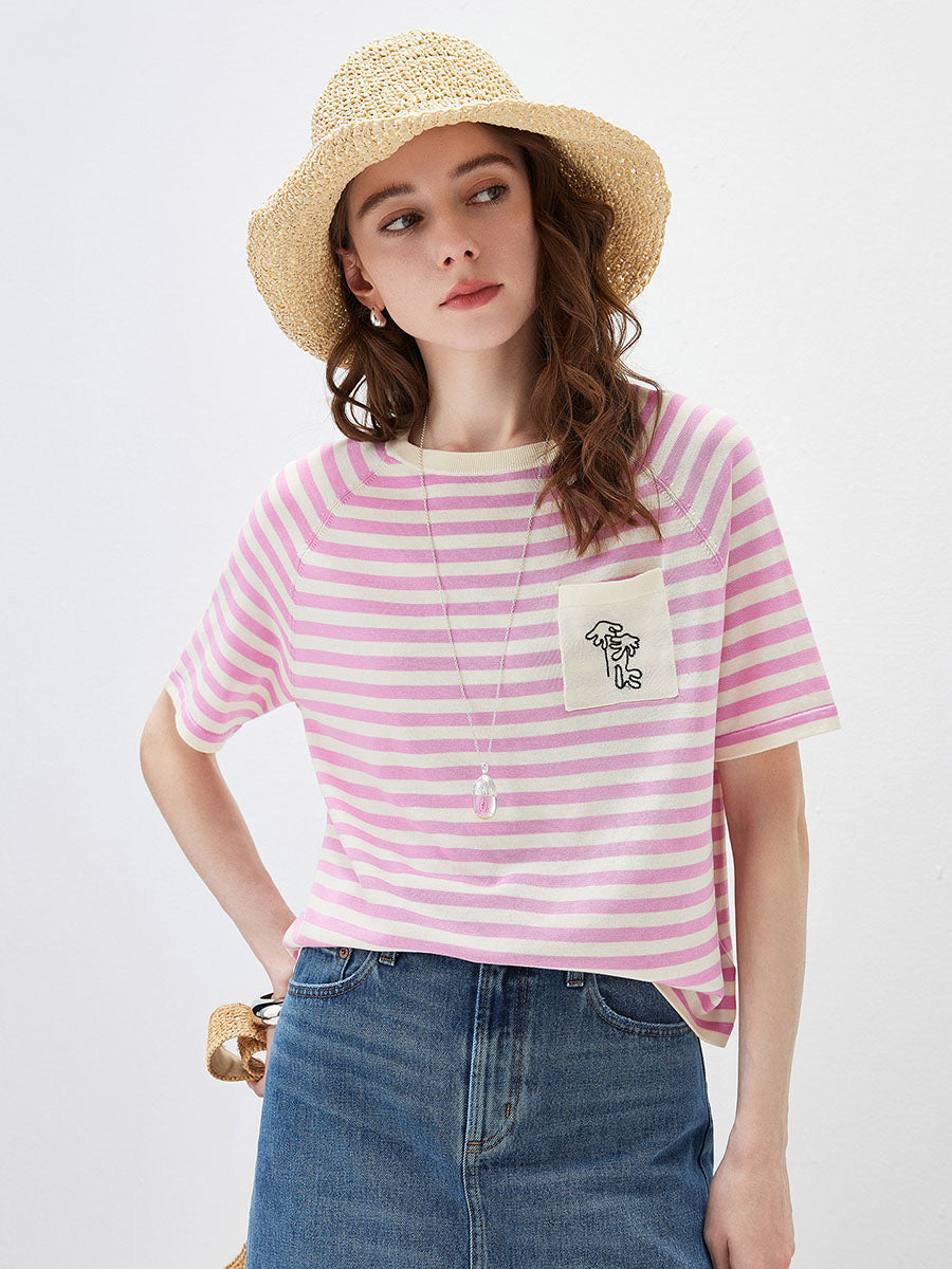 COMOBOCA Women's Striped Embroidered Pocket Knit T-Shirt