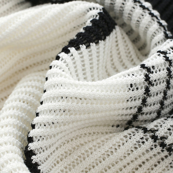 COMOBOCA Women's Asymmetric Stripe Mesh Knit Round Neck Sweater