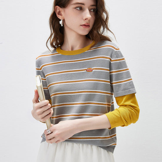 COMOBOCA Women's Layered Striped Round Neck Knit Sweater