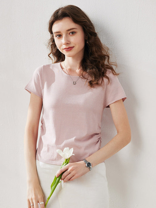 COMOBOCA Light Pink Women's Round Neck Knit T-Shirt