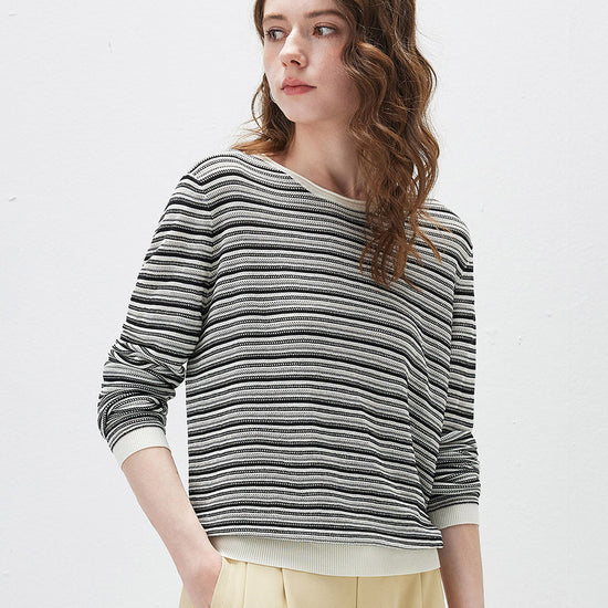 COMOBOCA Women's Striped Mesh Knit Round Neck Sweater