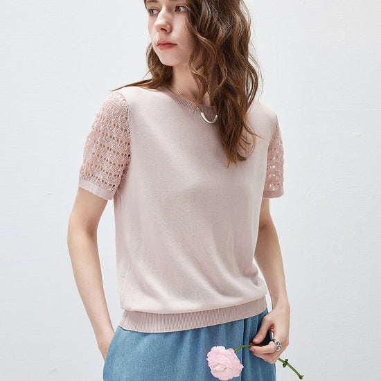 COMOBOCA Women's Lace Round Neck Knit T-Shirt