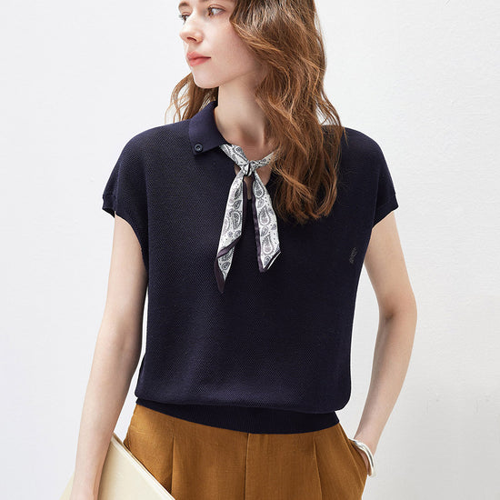 COMOBOCA Navy Blue Women's Paisley Scarf Polo Collar Waffle Knit T-Shirt