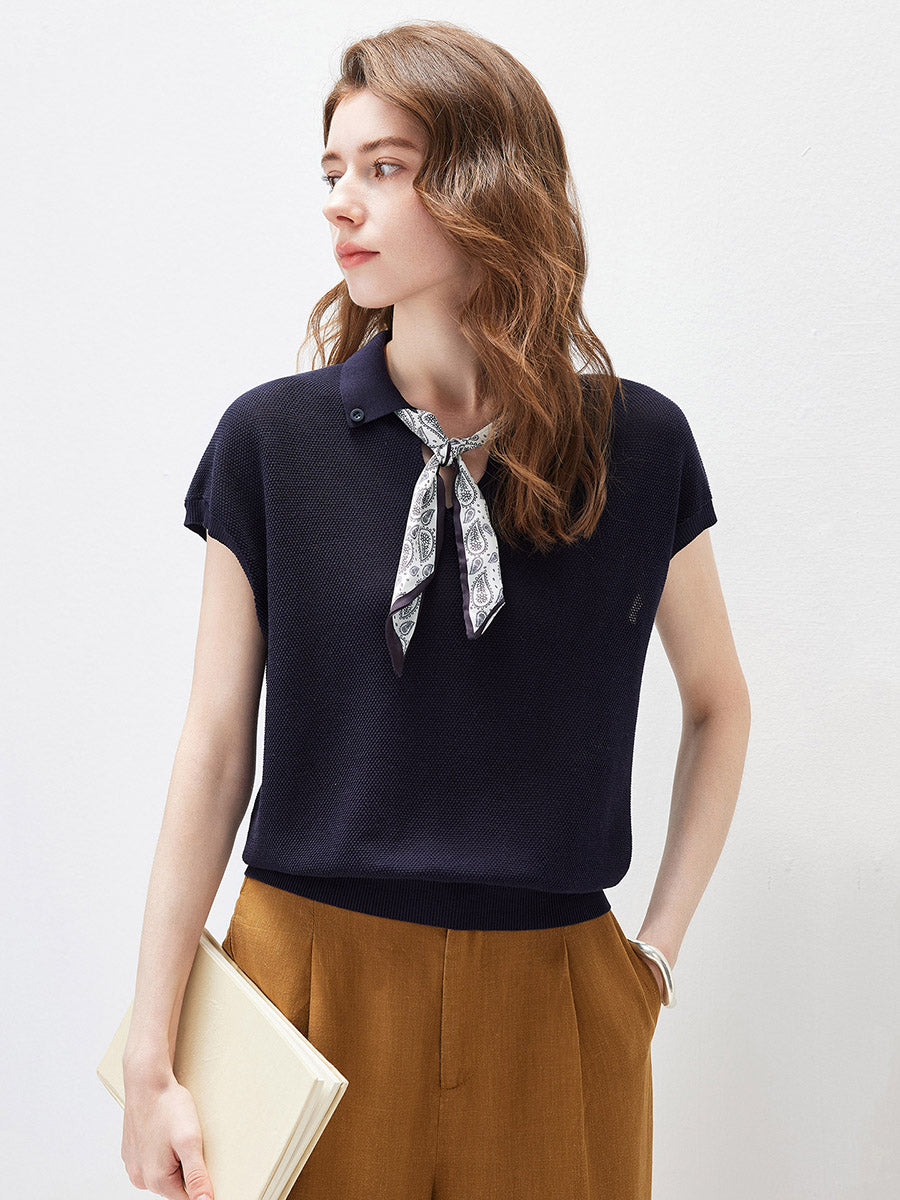 COMOBOCA Navy Blue Women's Paisley Scarf Polo Collar Waffle Knit T-Shirt