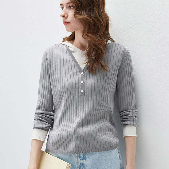 COMOBOCA Women's Layered Ribbed Knit Hooded Henley Top