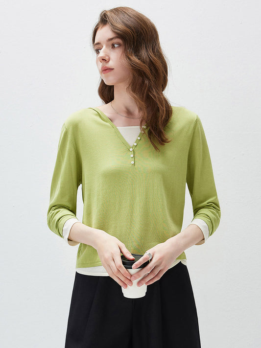 COMOBOCA Bright Green Women's 2-in-1 Layered Hooded Henley Knit Top