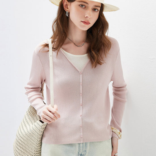 COMOBOCA Women's Ribbed Knit V-Neck Faux Cardigan