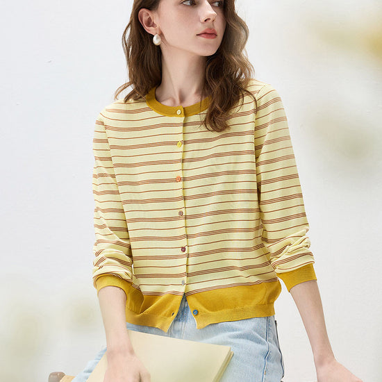 COMOBOCA Women's Striped Color Block Button Front Cardigan