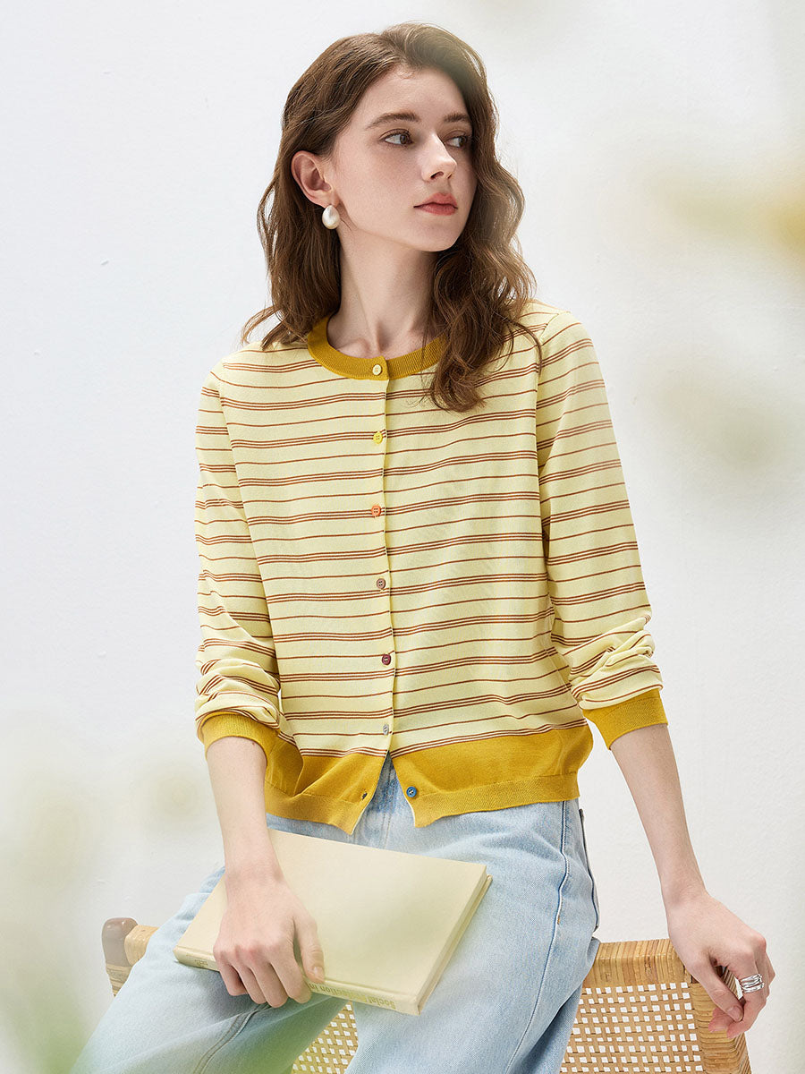 COMOBOCA Women's Striped Color Block Button Front Cardigan