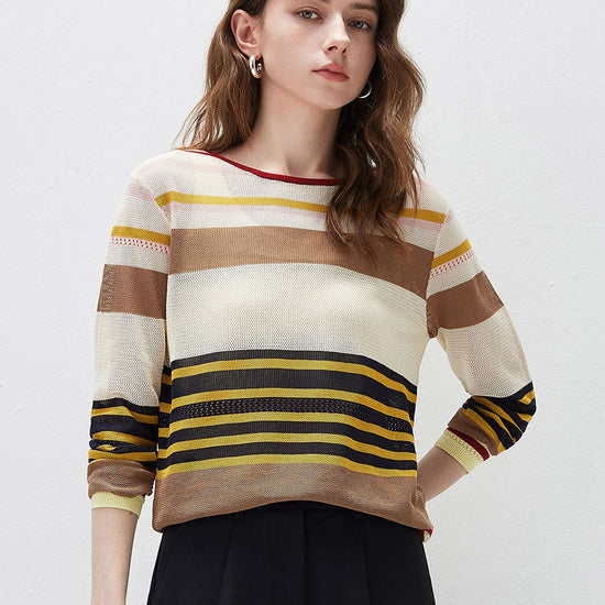 COMOBOCA Women's Multi Striped Mesh Knit Round Neck Sweater