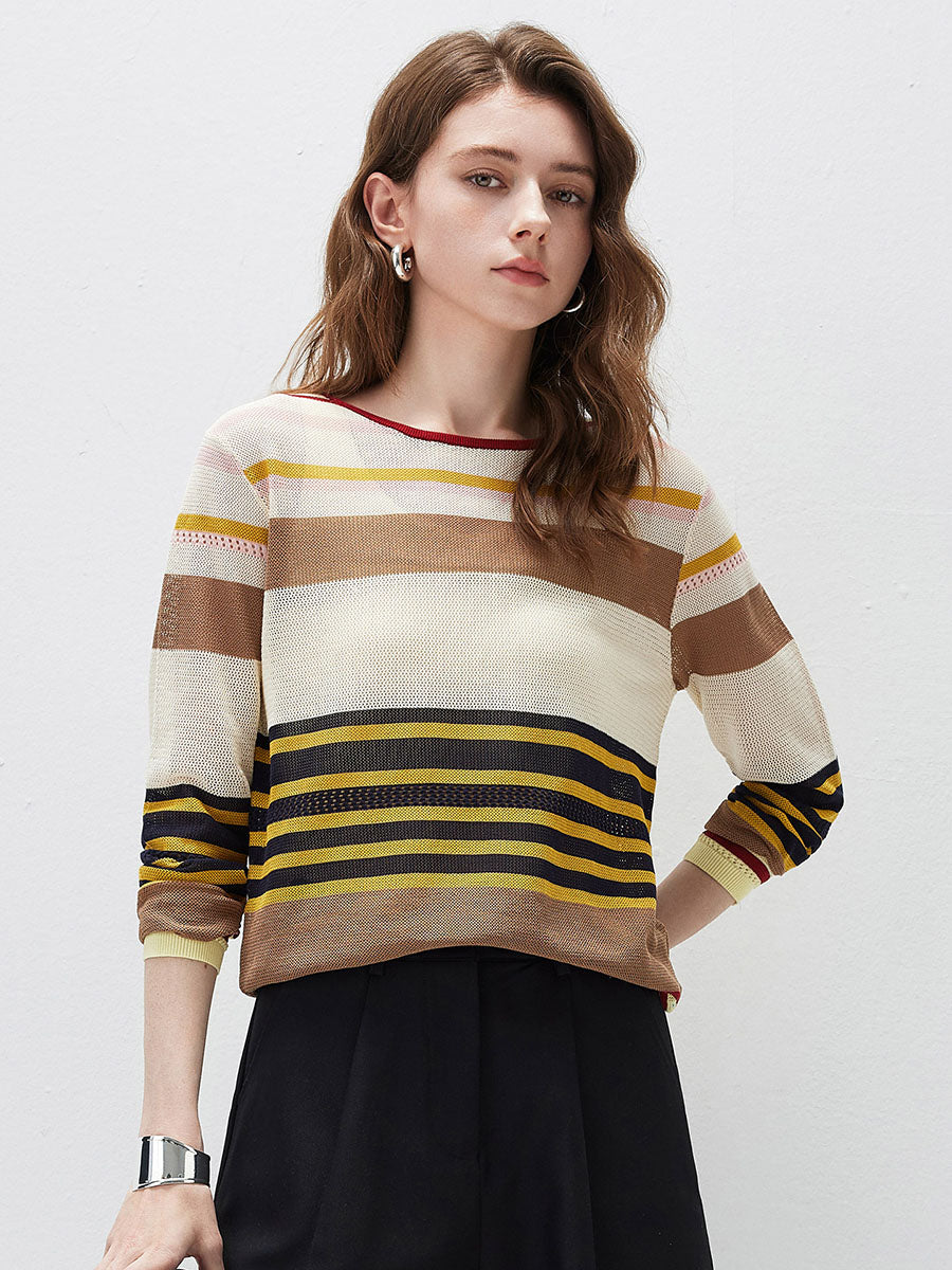 COMOBOCA Women's Multi Striped Mesh Knit Round Neck Sweater