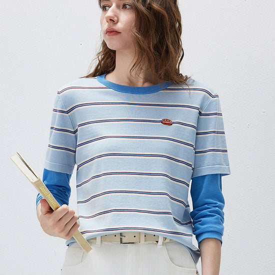 COMOBOCA Women's Layered Striped Round Neck Knit Sweater