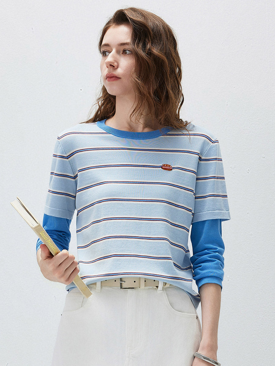 COMOBOCA Women's Layered Striped Round Neck Knit Sweater