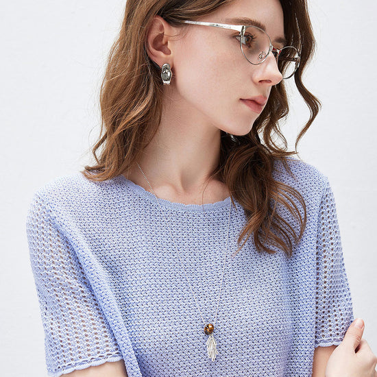 COMOBOCA Women's Openwork Round Neck Knit T-Shirt