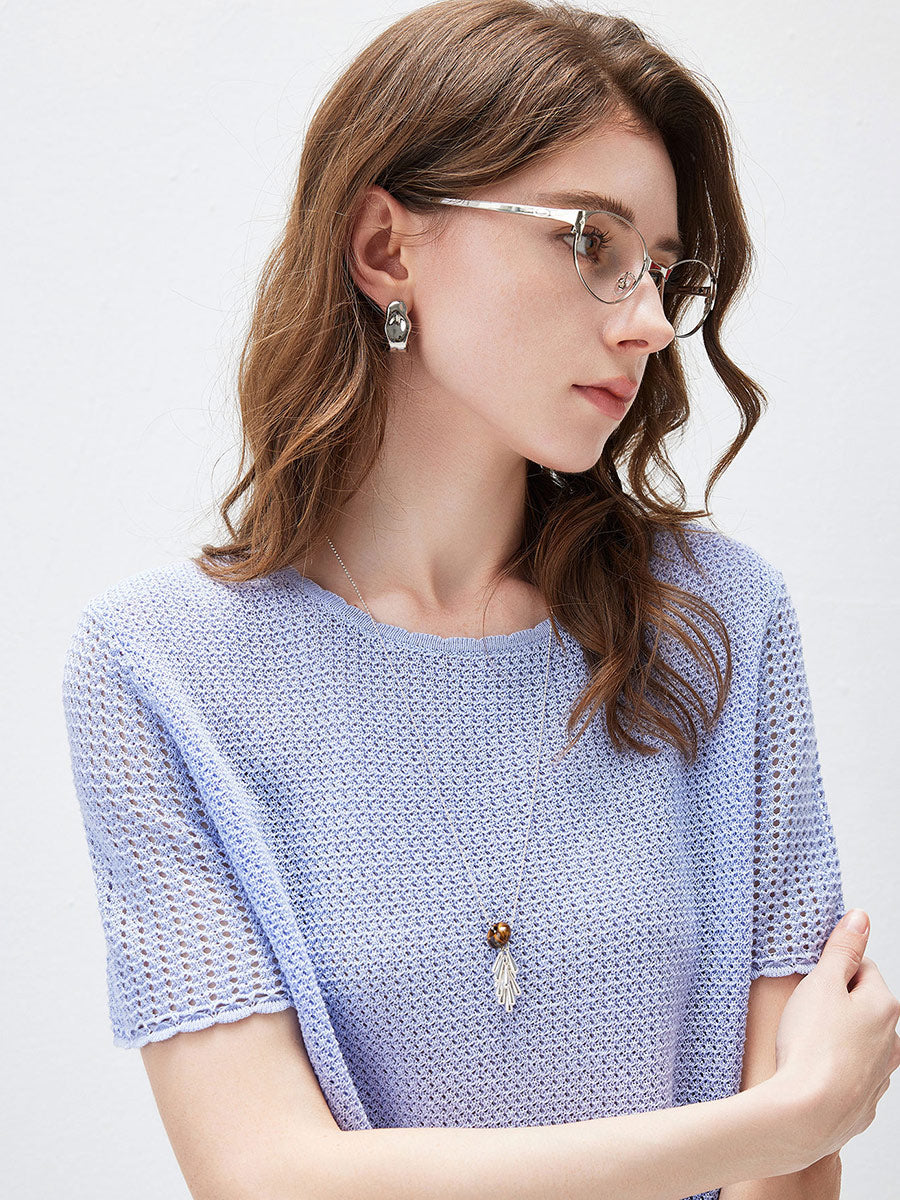 COMOBOCA Women's Openwork Round Neck Knit T-Shirt