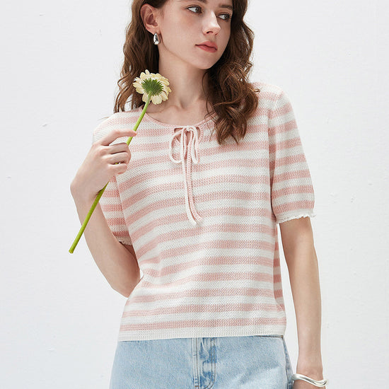 COMOBOCA Light Pink Women's Tie-Neck Striped Knit T-Shirt