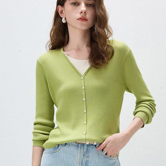 COMOBOCA Bright Green Women's Ribbed Knit V-Neck Faux Cardigan