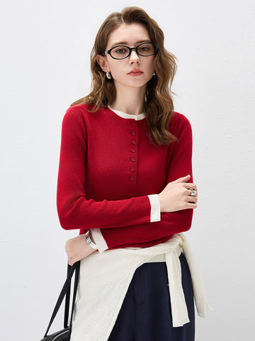 COMOBOCA Deep Red Women's Ribbed Contrast Trim Henley Knit Sweater