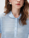 Women's Silk-Cotton Blend Peter Pan Collar Pointelle Knit Short Sleeve Top