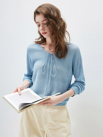 COMOBOCA Light Blue Women's Tie-Neck Waffle Knit Top