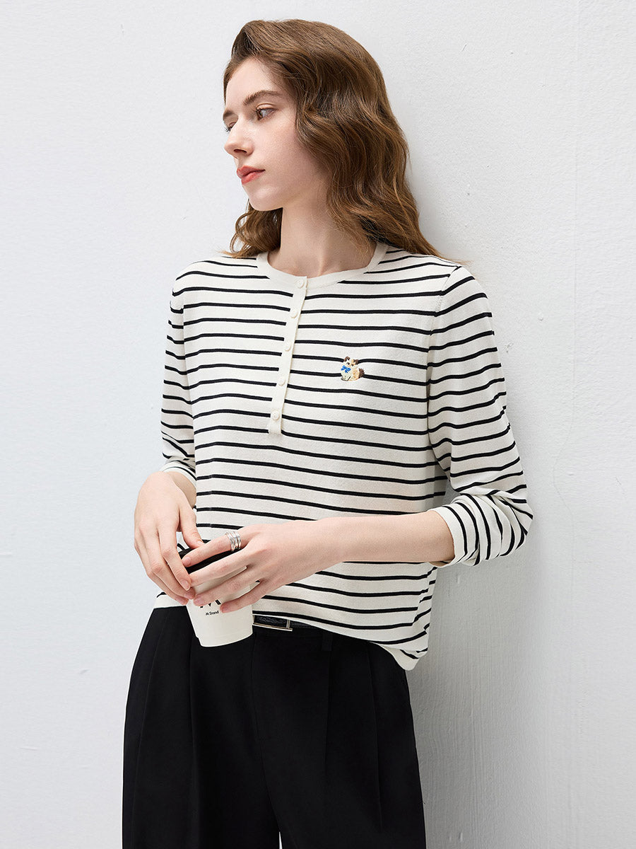 COMOBOCA Women's Striped Henley Button Knit Sweater