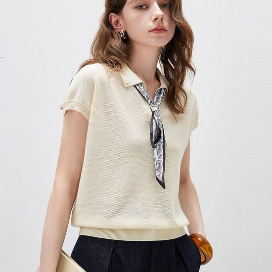 COMOBOCA Cream Women's Paisley Scarf Polo Collar Waffle Knit T-Shirt