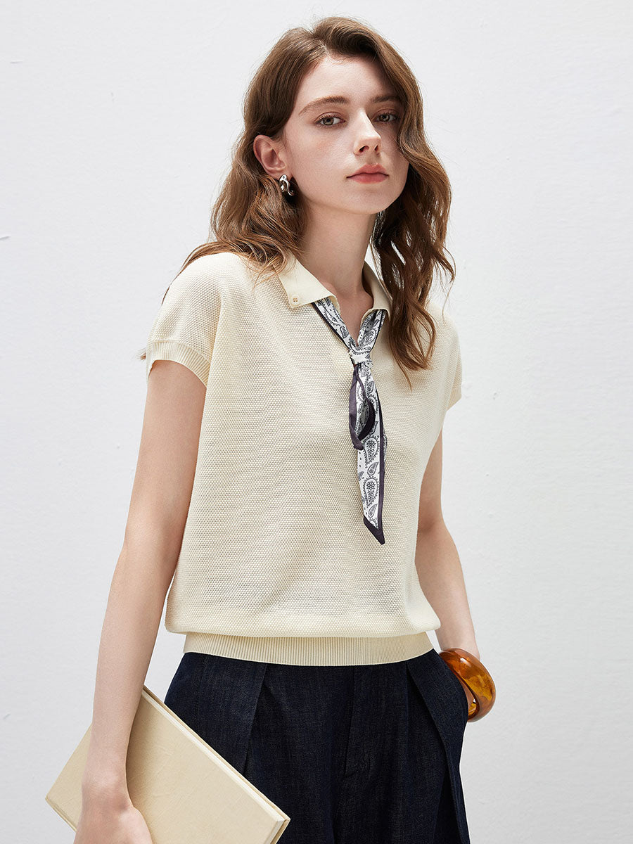 COMOBOCA Cream Women's Paisley Scarf Polo Collar Waffle Knit T-Shirt