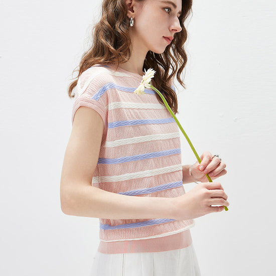 COMOBOCA Women's Striped Knit Cap Sleeve T-Shirt