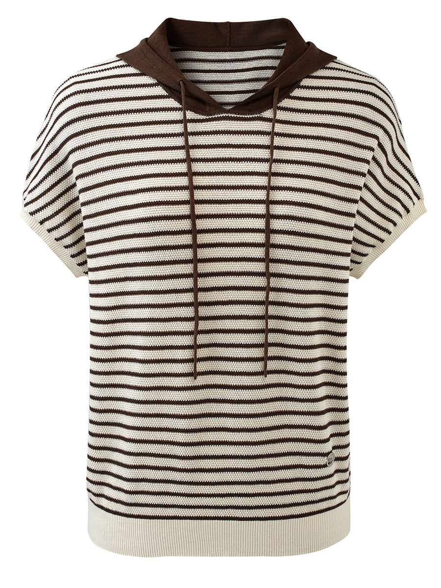 COMOBOCA Women's Striped Contrast Hooded Knit T-Shirt