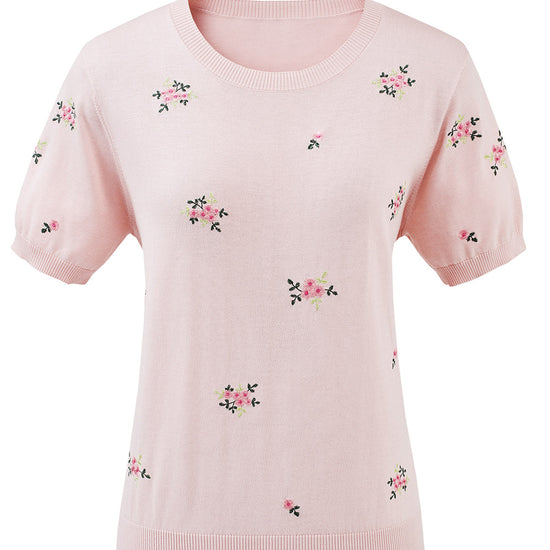 COMOBOCA Women's Floral Embroidery Knit T-Shirt