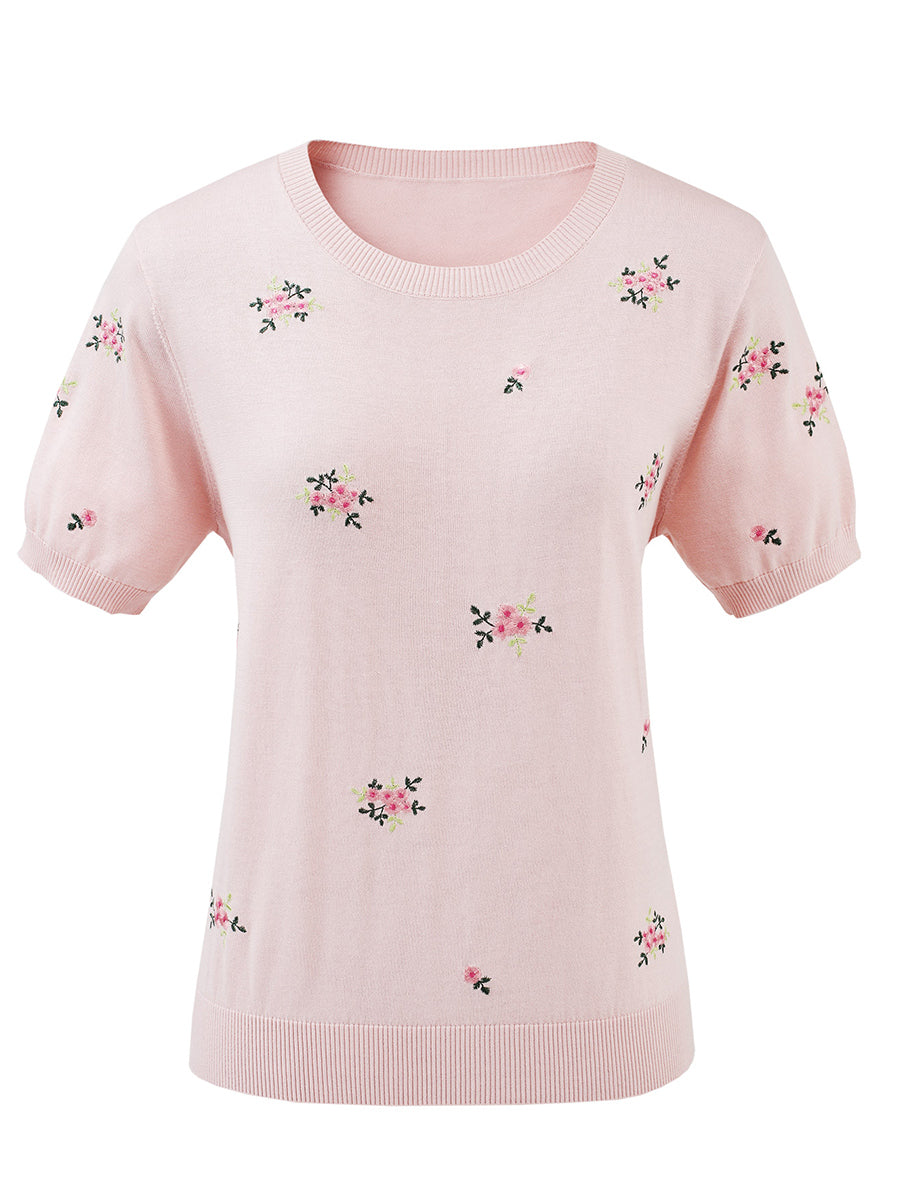 COMOBOCA Women's Floral Embroidery Knit T-Shirt