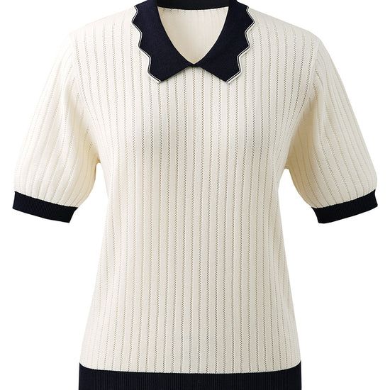 COMOBOCA Women's Scalloped Contrast Collar Openwork Knit Sweater