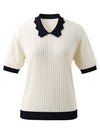 COMOBOCA Women's Scalloped Contrast Collar Openwork Knit Sweater