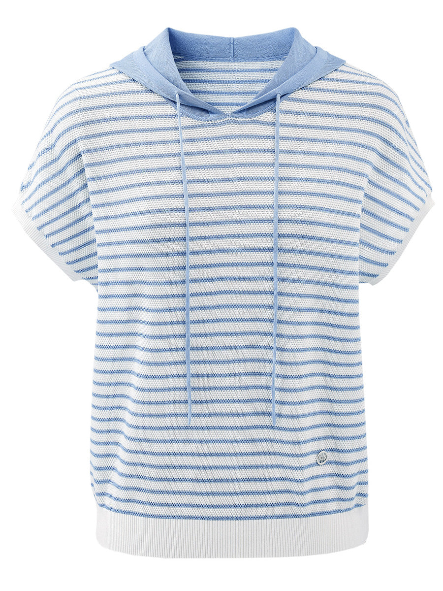 COMOBOCA Women's Striped Contrast Hooded Knit T-Shirt
