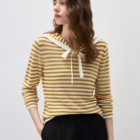 COMOBOCA Women's Striped Sailor Collar Tie Front Knit Sweater