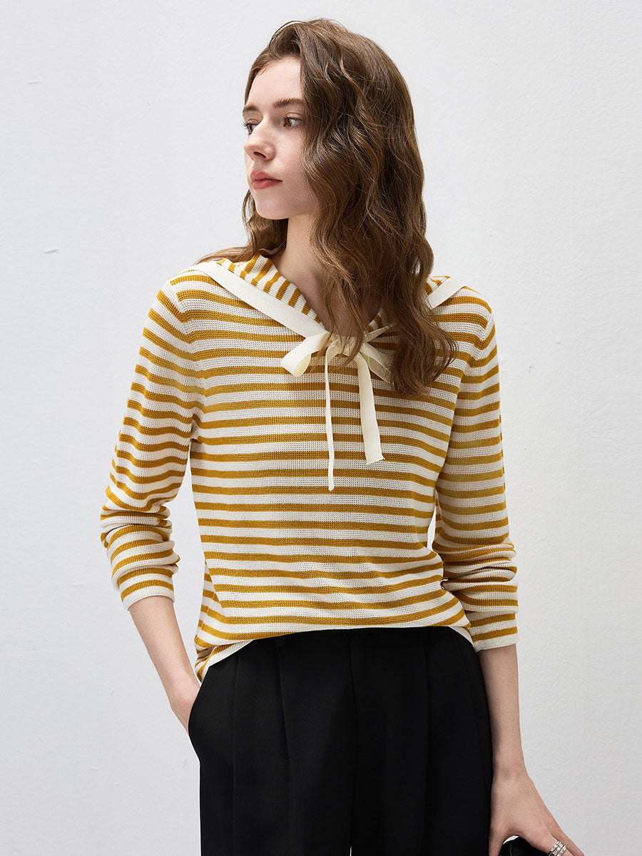COMOBOCA Women's Striped Sailor Collar Tie Front Knit Sweater
