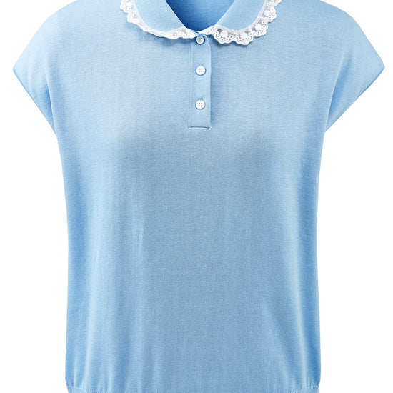 COMOBOCA Women's Lace Trim Collar Knit Polo T-Shirt