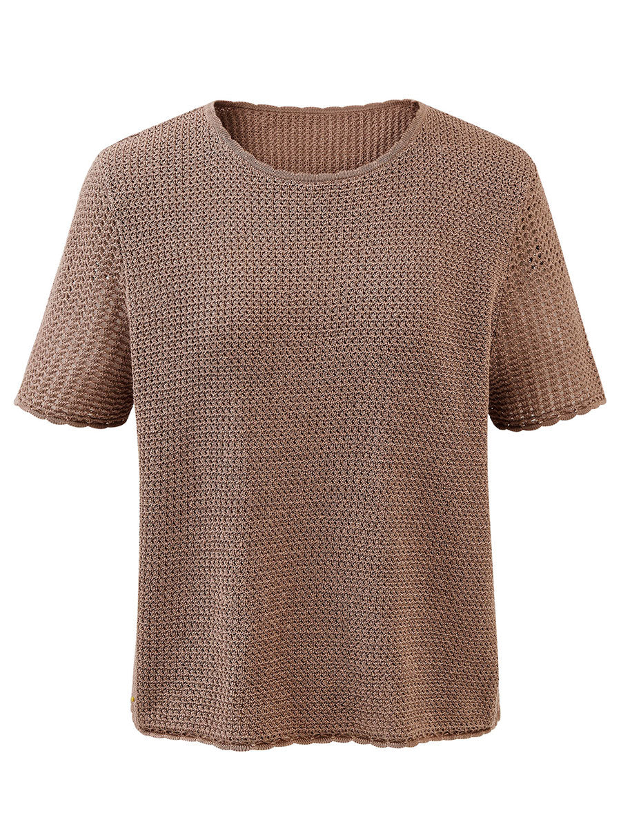 COMOBOCA Women's Openwork Round Neck Knit T-Shirt