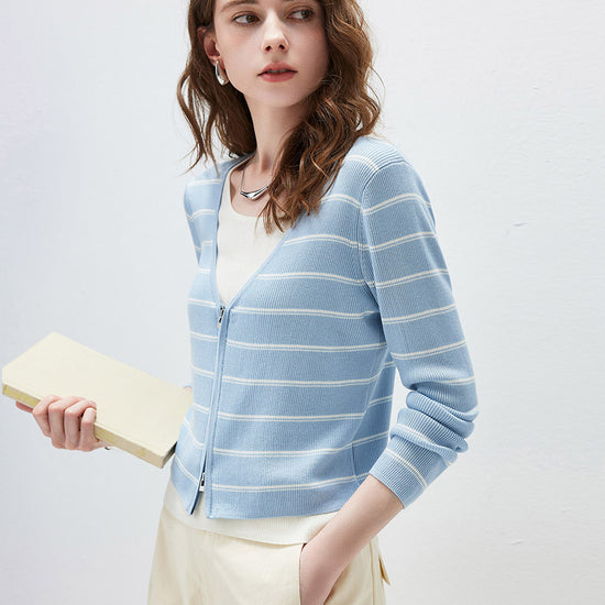 COMOBOCA Women's Striped Ribbed Knit Faux 2-in-1 Zip Cardigan