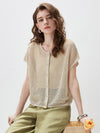COMOBOCA Women's Openwork Mesh Knit Button Front Top