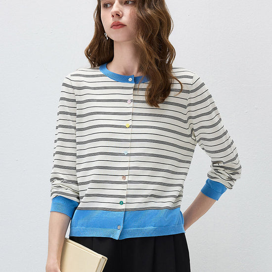 COMOBOCA White Women's Striped Color Block Button Front Cardigan
