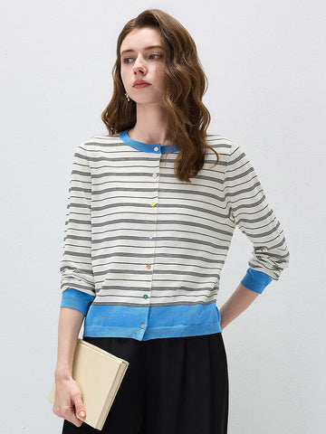 COMOBOCA White Women's Striped Color Block Button Front Cardigan