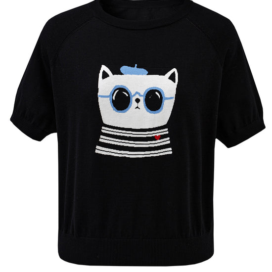 COMOBOCA Women's Cartoon Animal Intarsia Knit T-Shirt