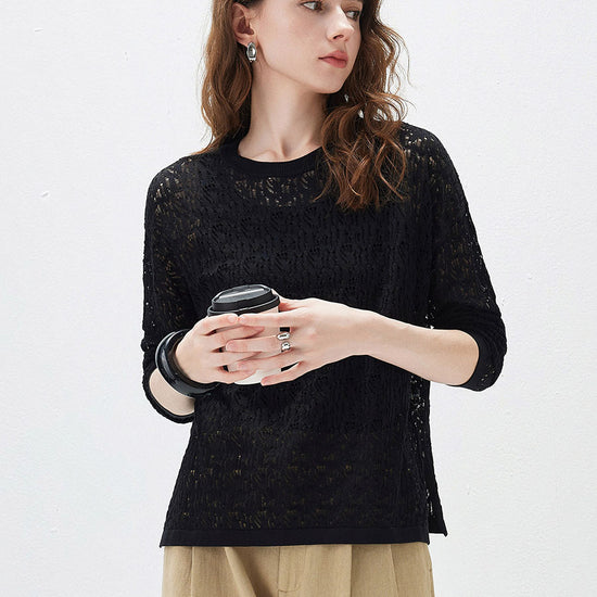 COMOBOCA Black Women's Openwork Round Neck Knit Sweater