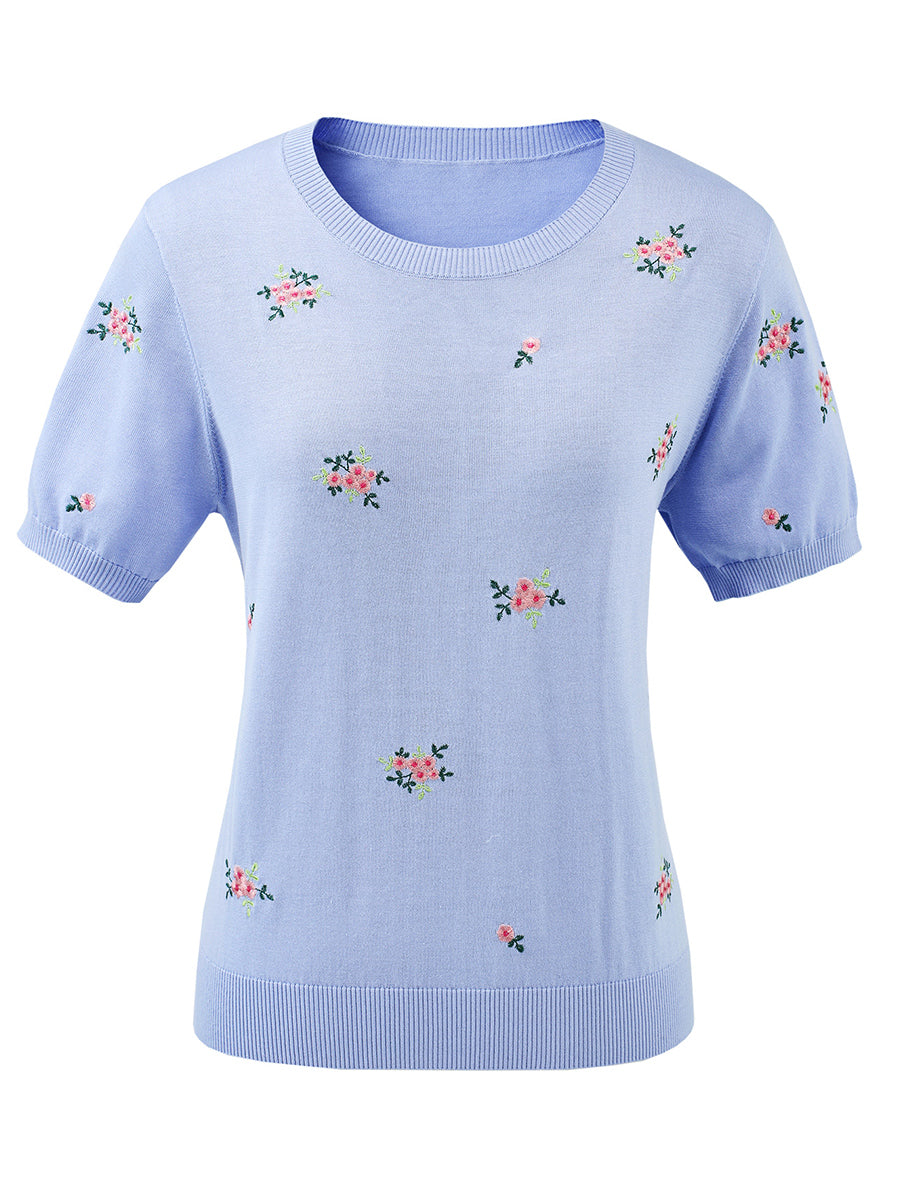 COMOBOCA Women's Floral Embroidery Knit T-Shirt