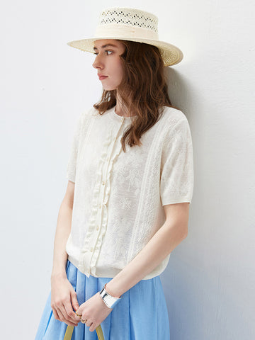 Women’s Round Neck Solid Color Linen Knit Cardigan with Single Button
