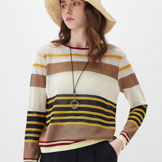 COMOBOCA Striped Women's Multi Striped Mesh Knit Round Neck Sweater