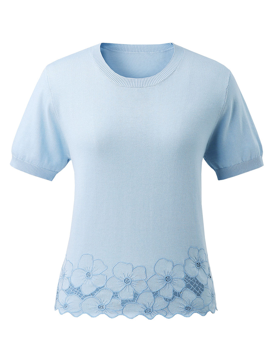COMOBOCA Women's Floral Lace Trim Knit T-Shirt
